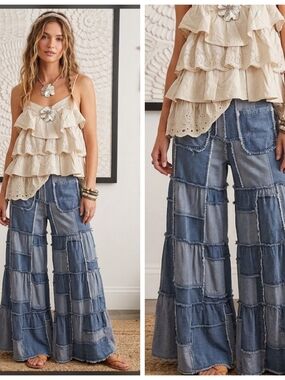 Boho Patchwork Distressed Tencel Wide-Leg Jeans